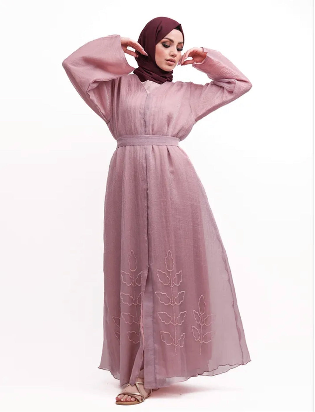 Beaded Organza Kimono Abaya in Pink