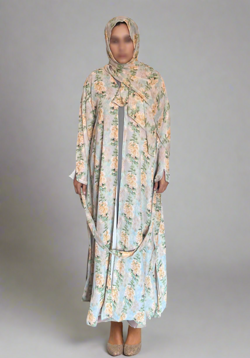 Floral Print Chiffon Abaya in Yellow