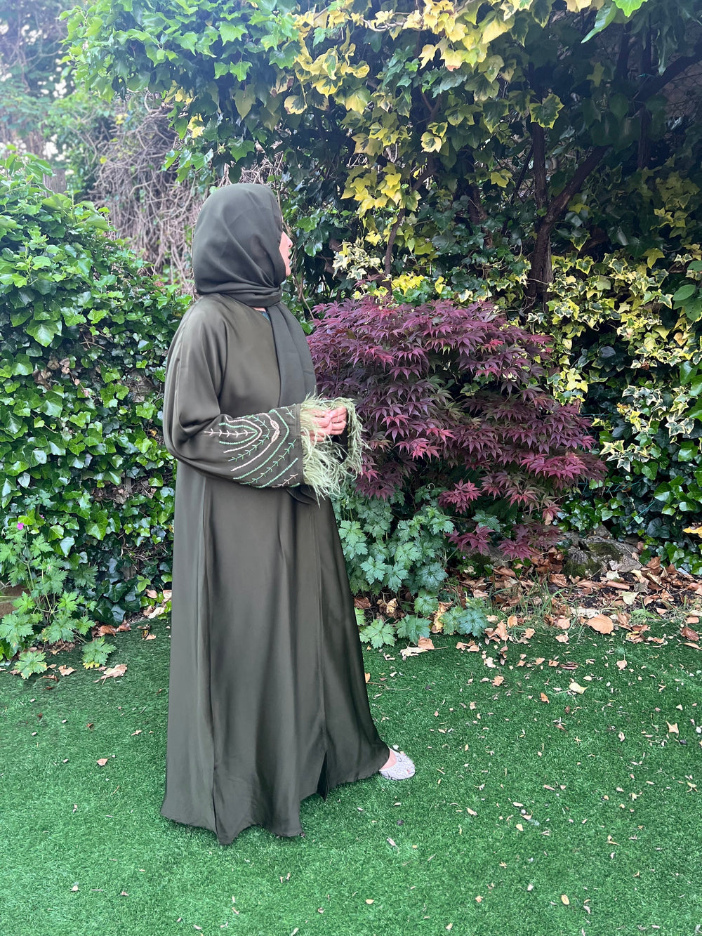Beaded Satin Feather Abaya in Olive