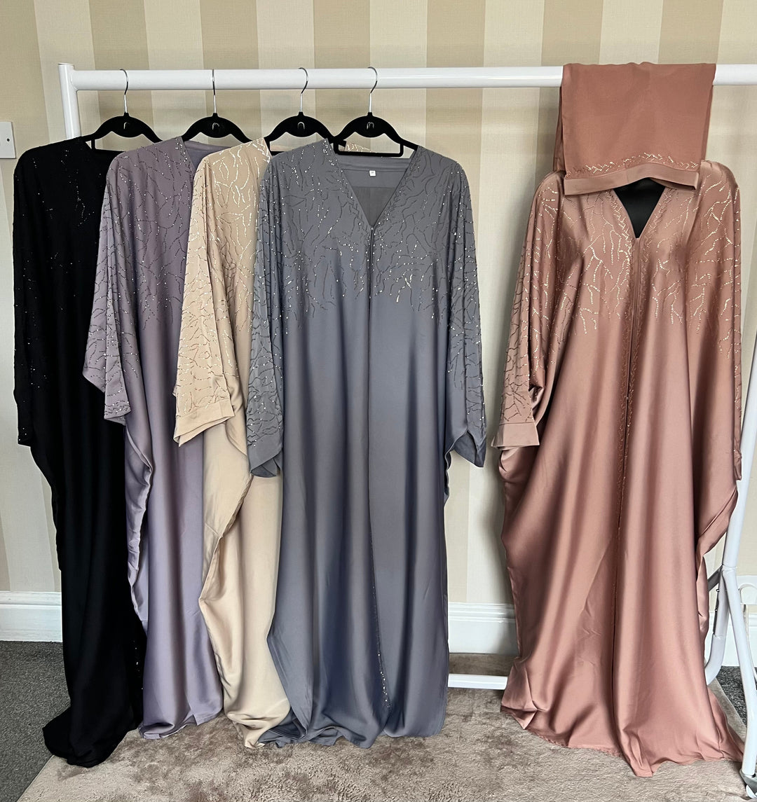 Luxurious Rhinestone Batwing Abaya Set in Rose Gold