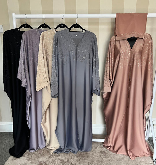 Luxurious Rhinestone Batwing Abaya Set in Rose Gold