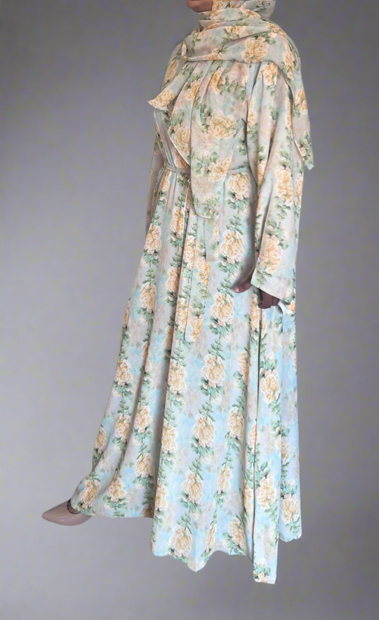 Floral Print Chiffon Abaya in Yellow