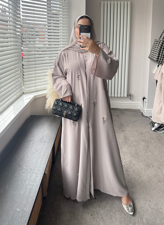 Pop up flower Embellished Abaya Set in Taupe