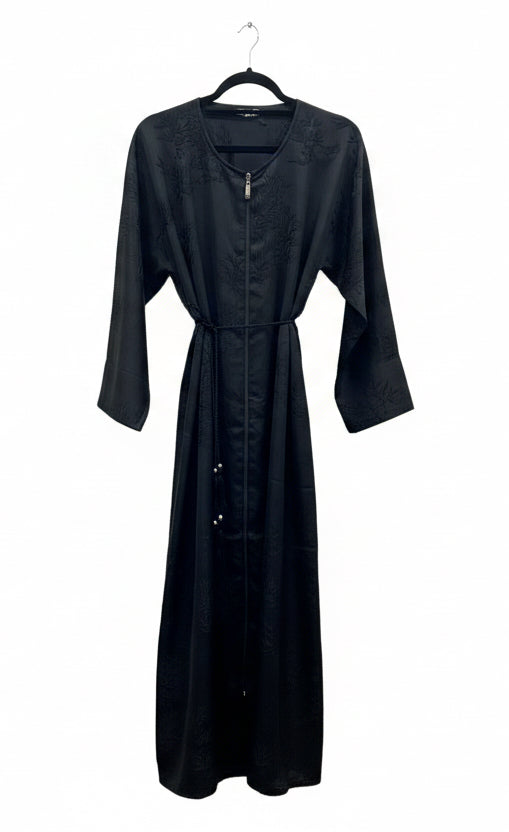 Jacquard print Black Abaya set with Zip Opening