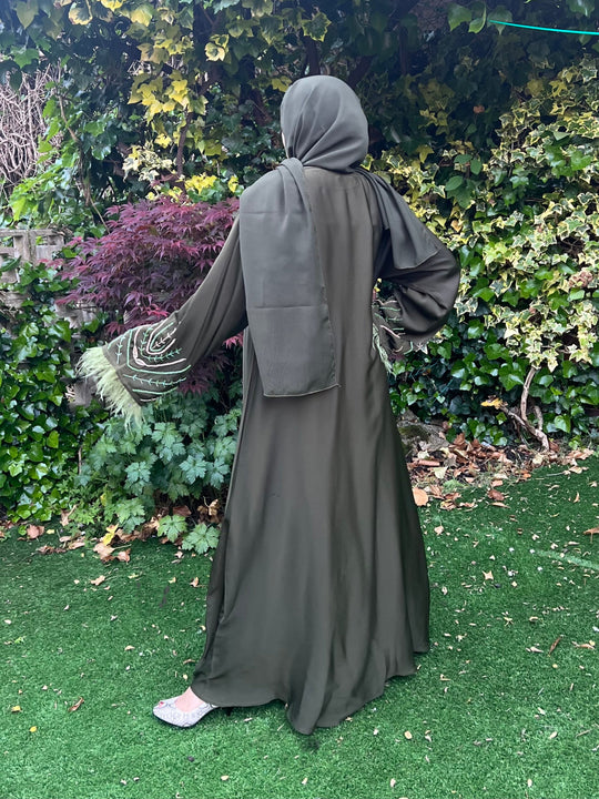 Beaded Satin Feather Abaya in Olive