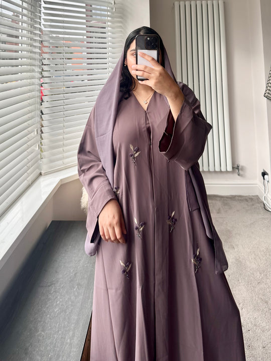 Pop up Flower Embellished Dubai Abaya Set in Mauve