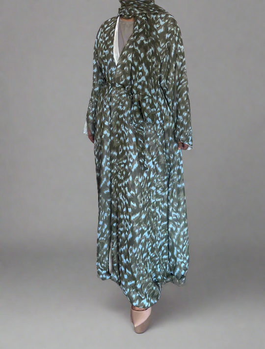 Print Double Chiffon Abaya in Khaki