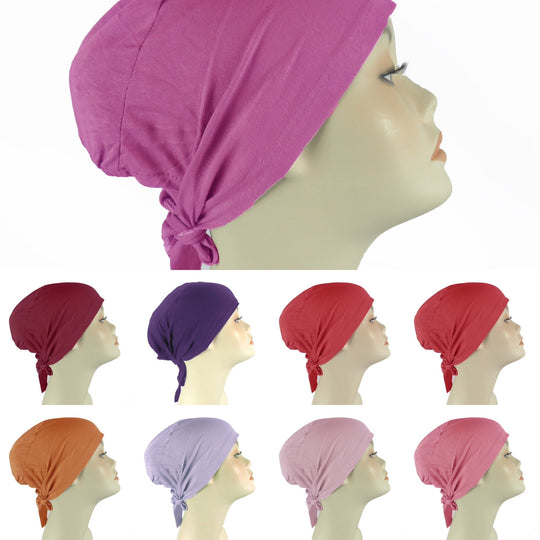 Plain Cotton tie back bonnets/ underscarf - Reds,Pinks and Purple shades