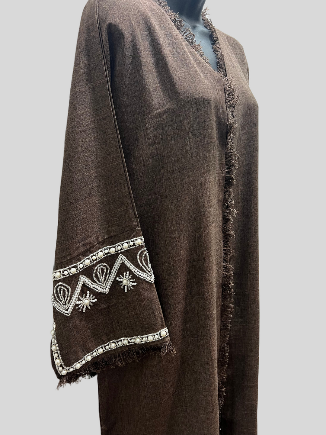 Linen Beaded Abaya with Hijab/ Scarf -  Brown