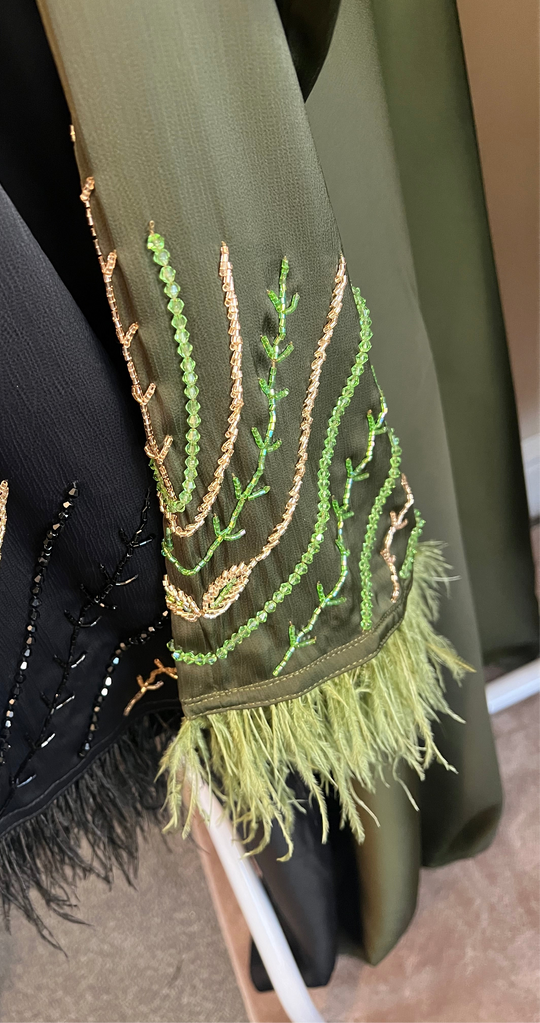 Beaded Satin Feather Abaya in Olive