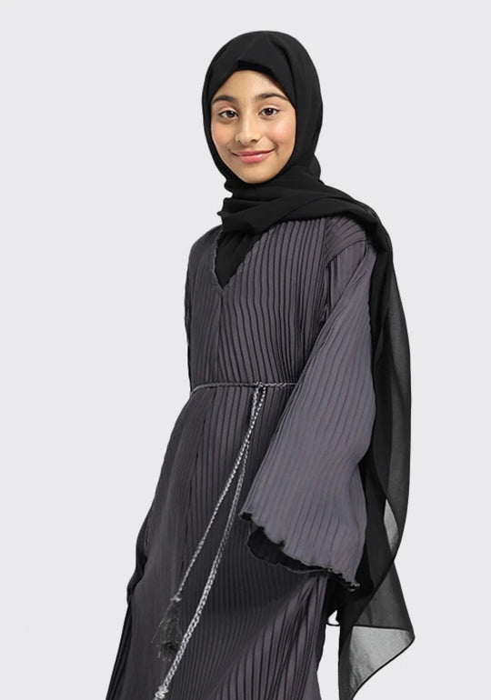 Pleated Girls Abaya with Rope - Grey