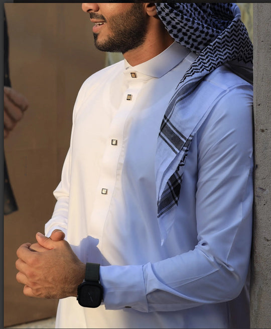 White Thobe With Gold Buttons Luxury Thobes by Al Aniq