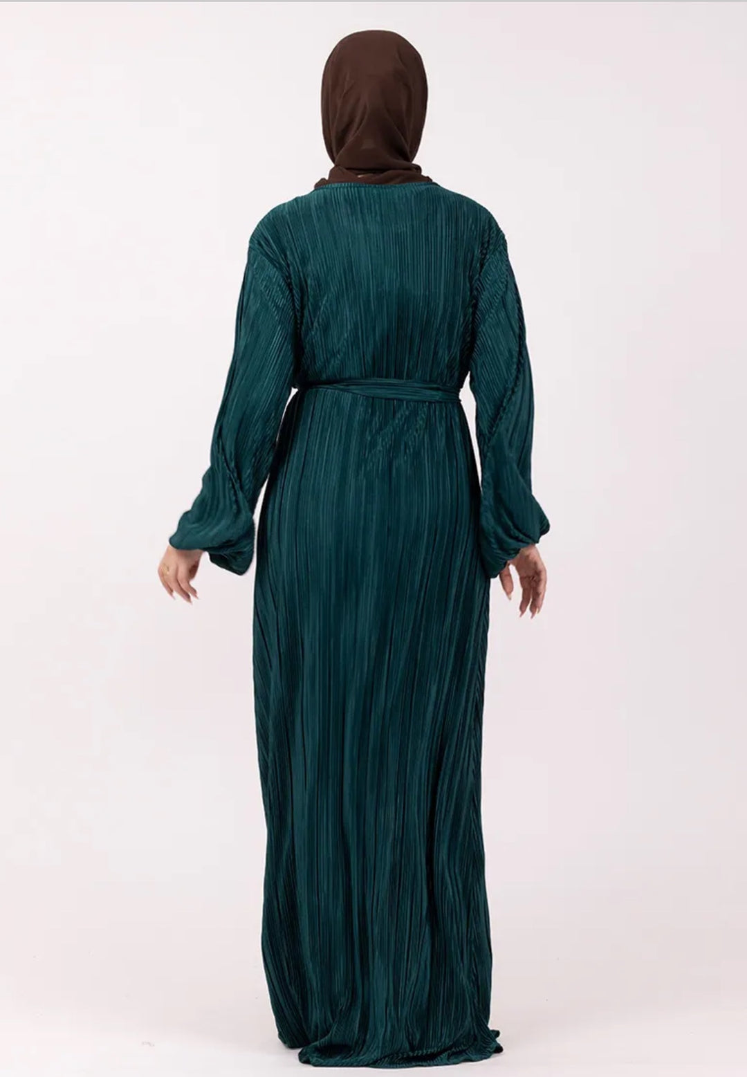 Plisse Abaya/ Dress with Belt in Teal Green