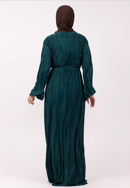 Plisse Abaya/ Dress with Belt in Teal Green