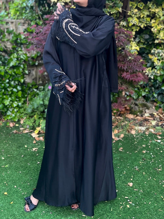 Beaded Satin Feather Abaya in black