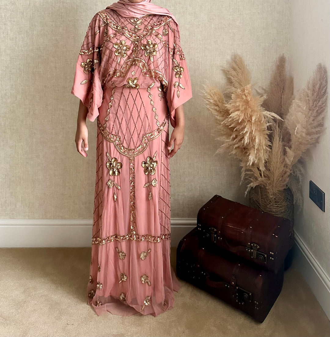 Frock and Frill Embellished Dress With Batwing Sleeves in Dusky Pink