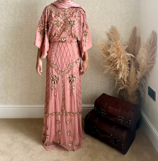 Frock and Frill Embellished Dress With Batwing Sleeves in Dusky Pink