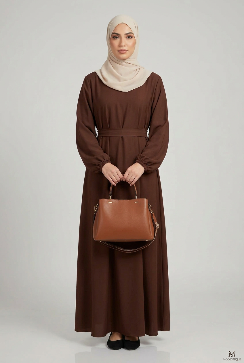 Nida Abaya with Elasticated cuffs and Zip pockets A- Brown