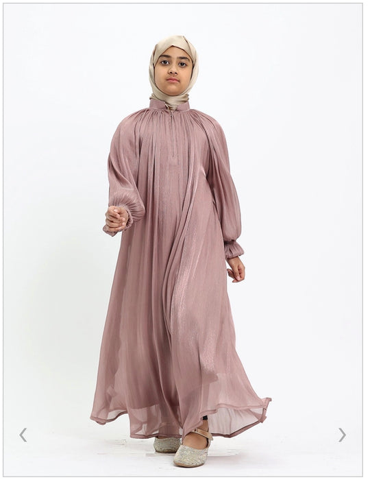 Girls Shimmer Organza Umbrella Abaya Dress in pink
