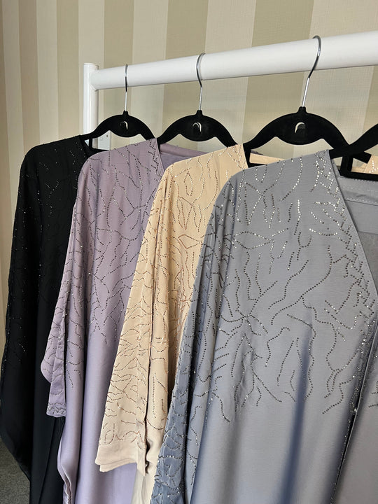 Luxurious Rhinestone Batwing
 Abaya Set in Beige