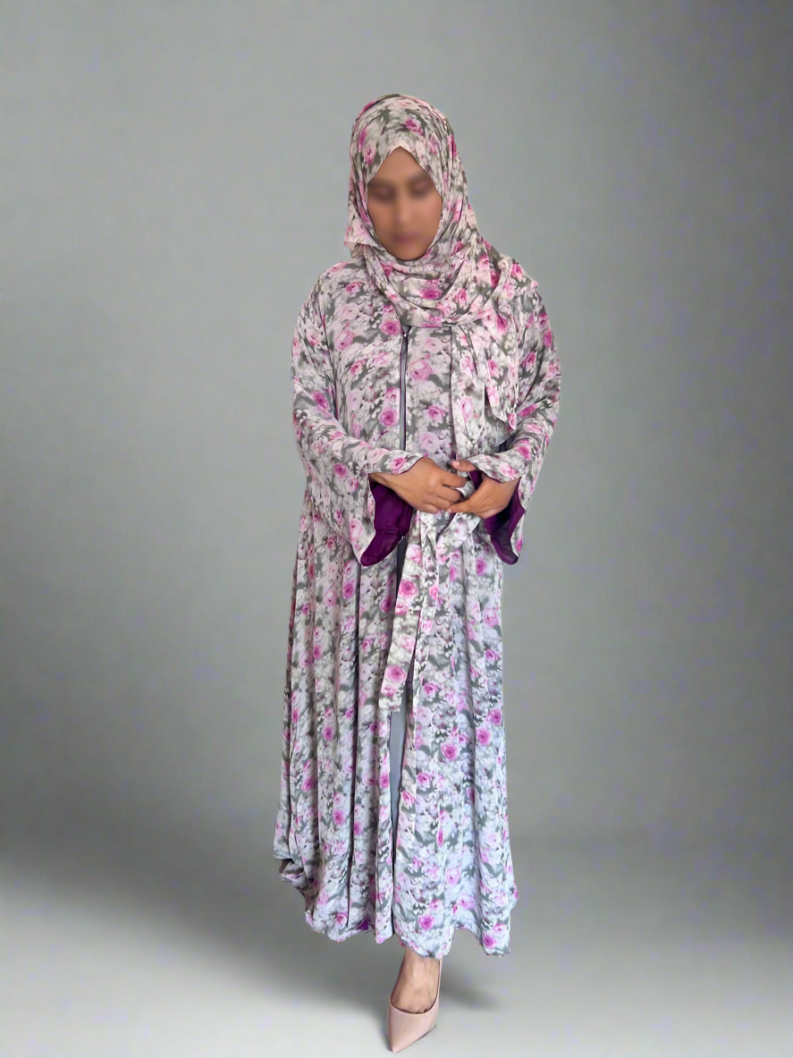 Floral Print Chiffon Abaya in Pink Blossom