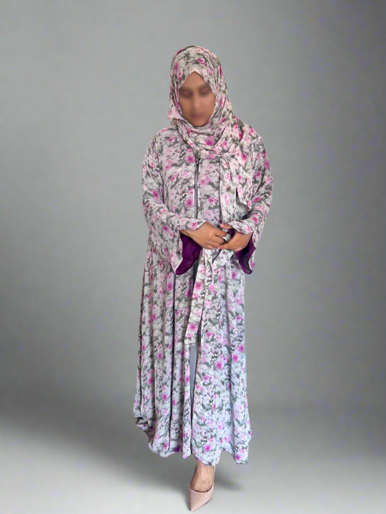 Floral Print Chiffon Abaya in Pink Blossom