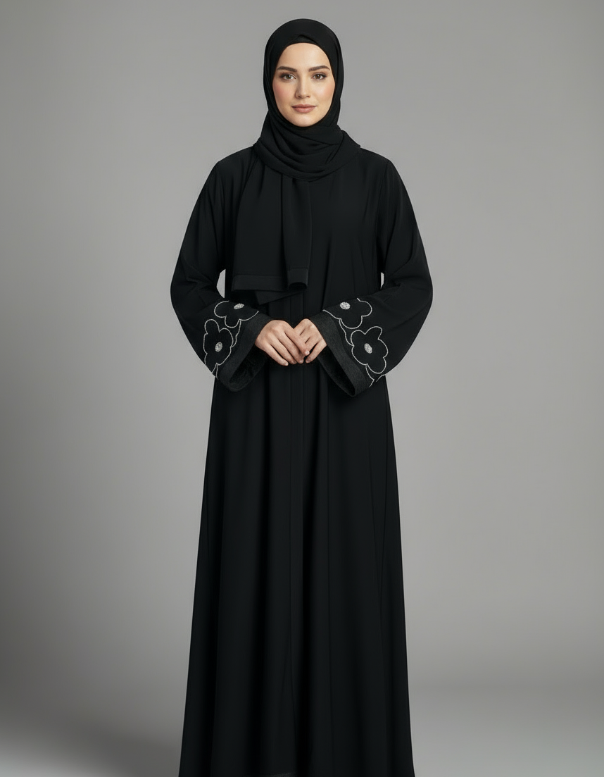 Beaded Flower Nida Abaya with front buttons in Black