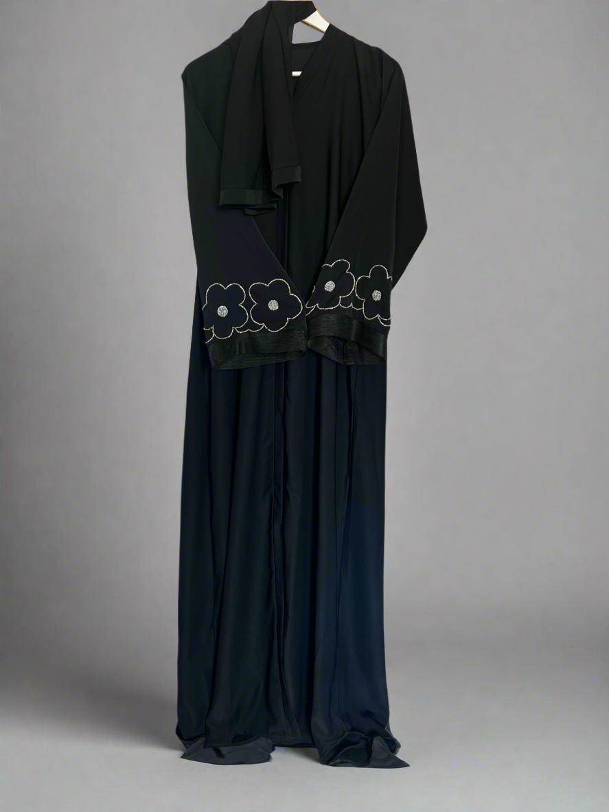 Beaded Flower Nida Abaya with front buttons in Black