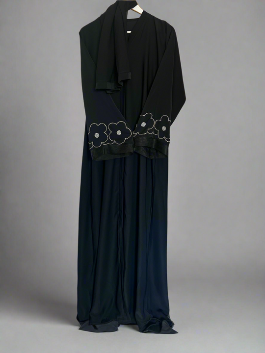 Beaded Flower Nida Abaya with front buttons in Black
