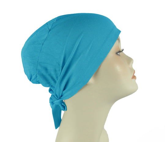Plain Cotton tie back bonnets/ under scarf Cap - Blue hues