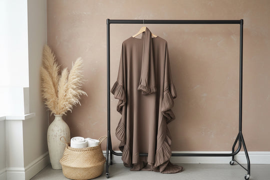 Ruffle Abaya with Inner ties Set Deep Taupe