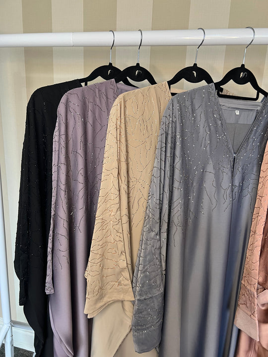 Luxurious Rhinestone Batwing
 Abaya Set in Beige