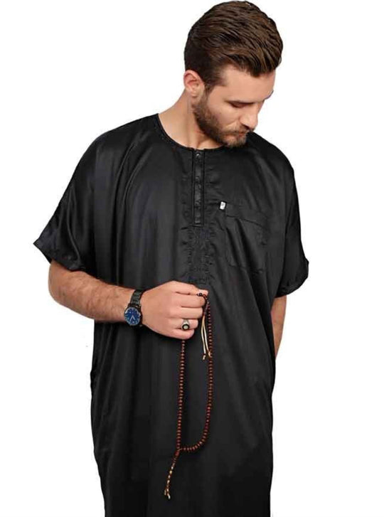 Ikaf Half Sleeve Sheen Thobe/ Jubbah - Black