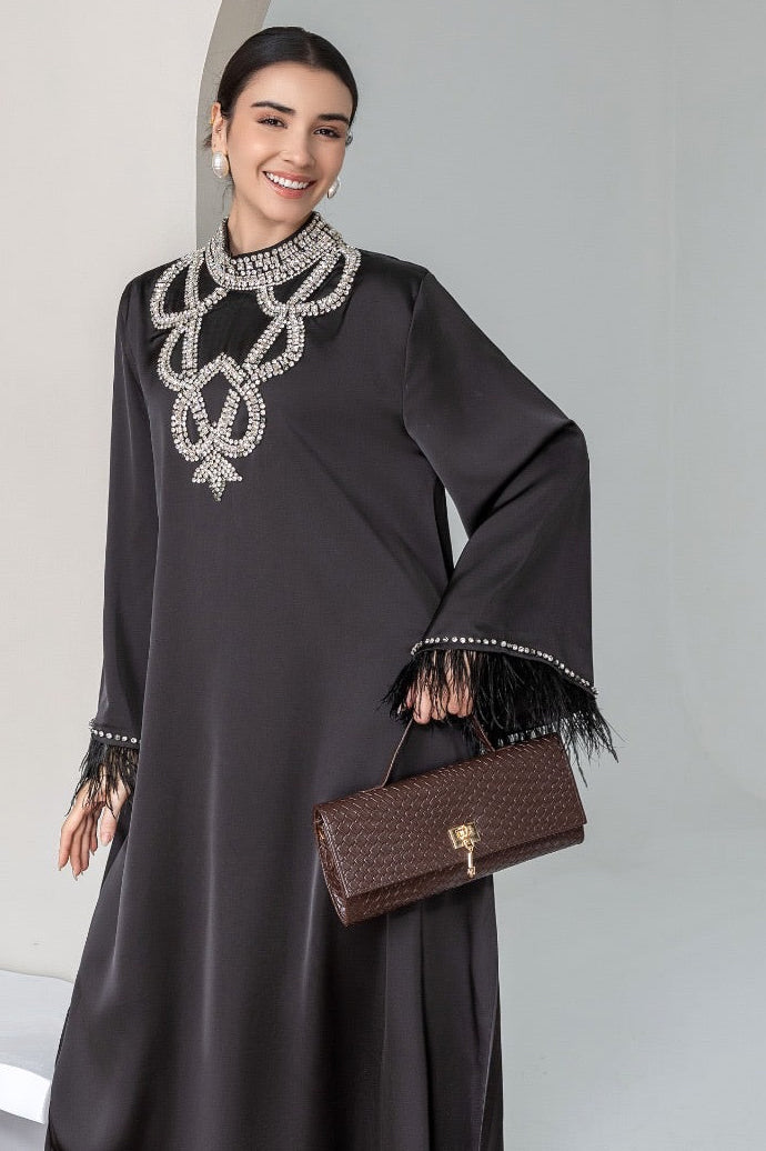 Occasion Feather Crystal Modest Dress  EDF8013