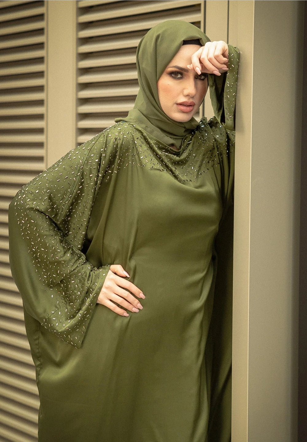 Luxurious Embellished kaftan Abaya Set in Olive