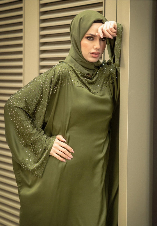 Luxurious Embellished kaftan Abaya Set in Olive