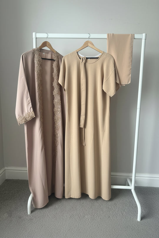 Floral Beaded Lace Edged Abaya Sets