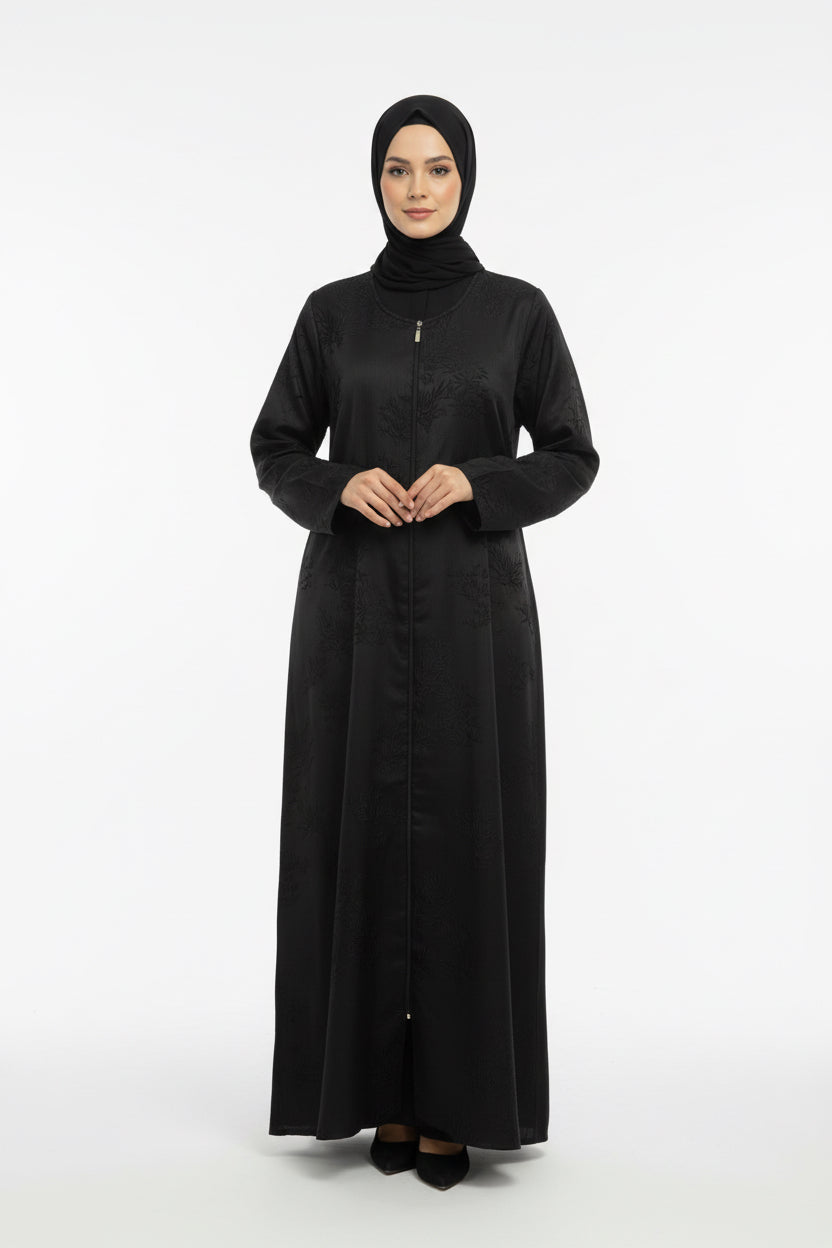 Jacquard print Black Abaya set with Zip Opening