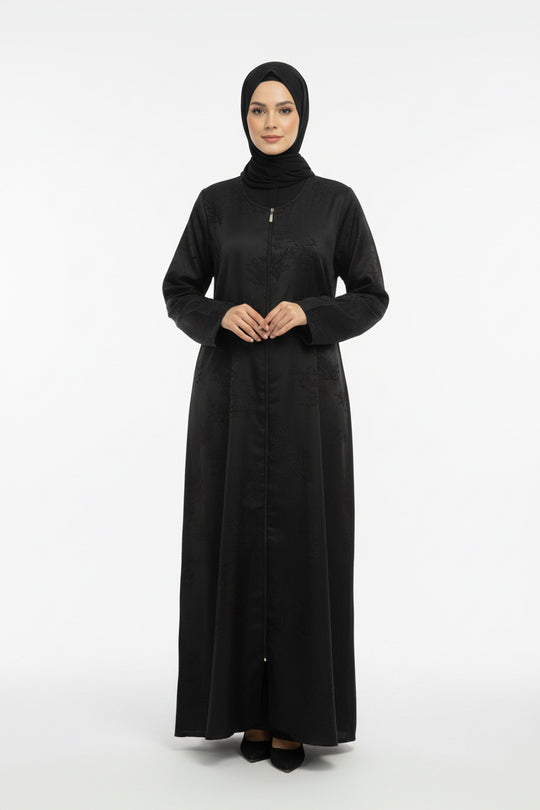 Jacquard print Black Abaya set with Zip Opening