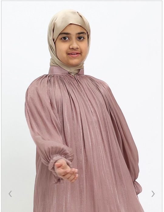 Girls Shimmer Organza Umbrella Abaya Dress in pink