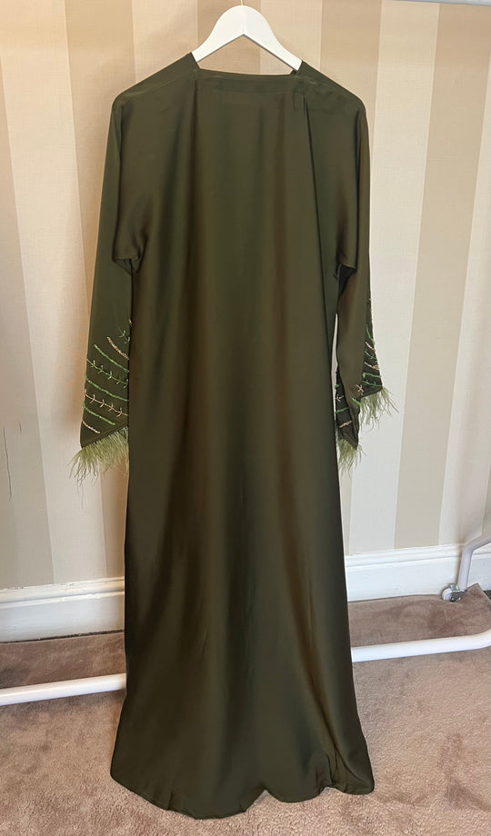 Beaded Satin Feather Abaya in Olive