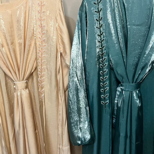 Rotana shimmer Abaya and Slip Full Teal Set TK