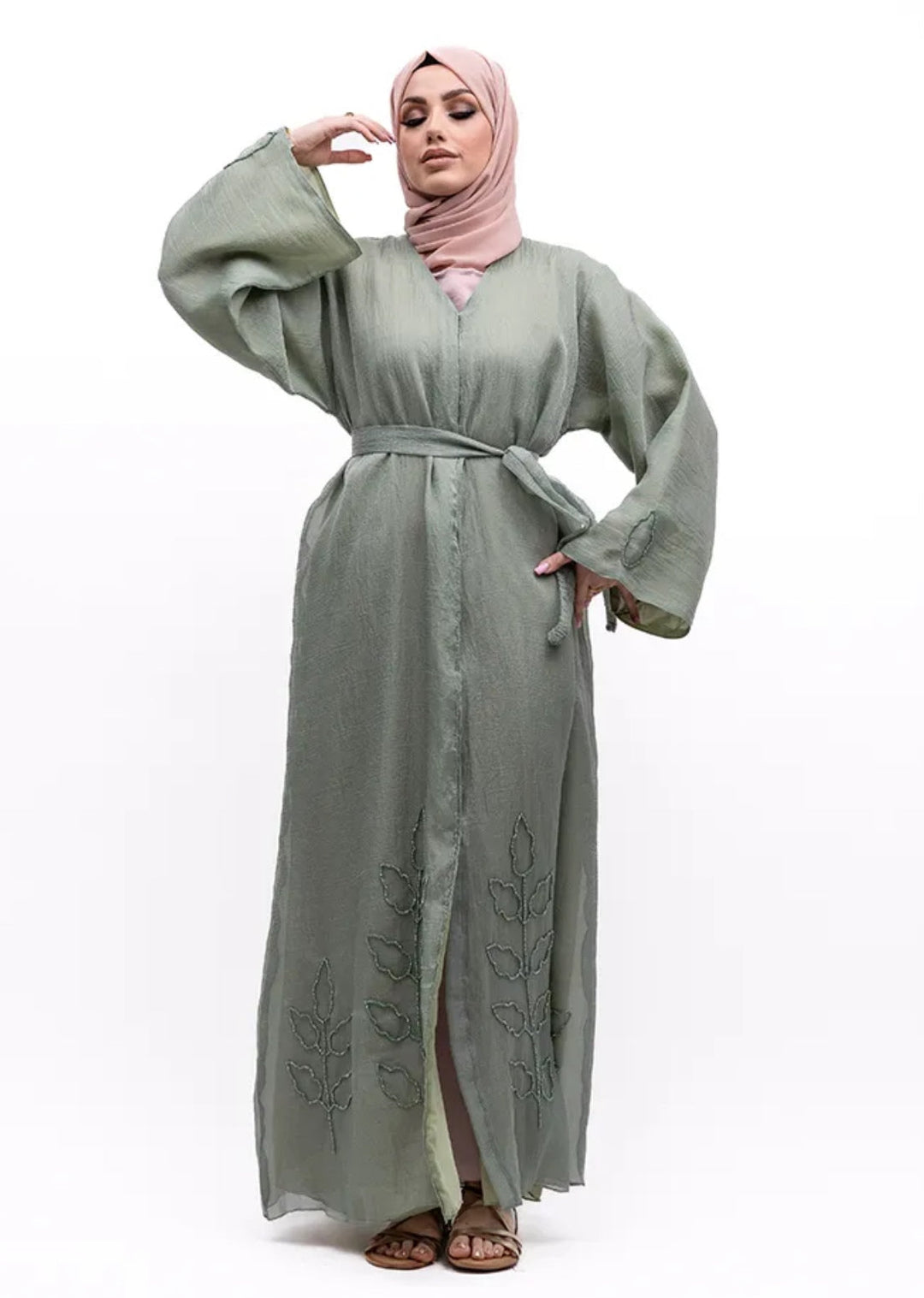 Beaded Organza Kimono Abaya in Sage Green