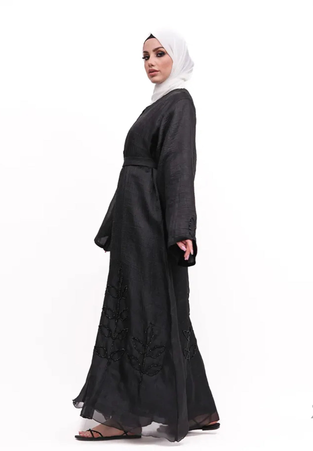 Beaded Organza Kimono Abaya in Black