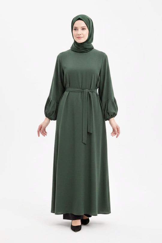 Textured Balloon Sleeve Abayas matching Hijabs Green