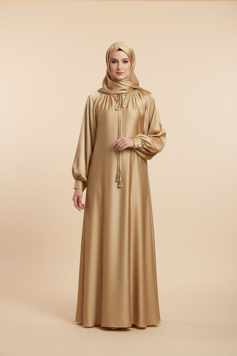 Premium Satin balloon sleeve Belt Dress