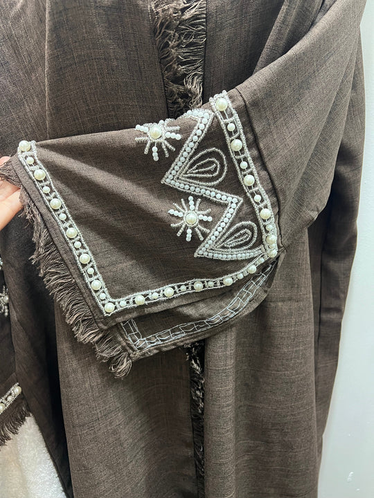 Linen Beaded Abaya with Hijab/ Scarf -  Brown