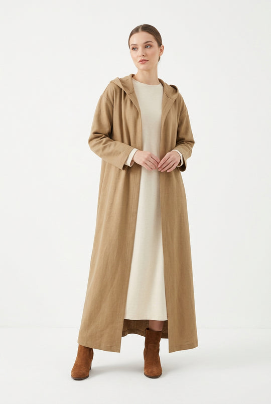 Winter Hooded Open Abaya Black & Camel