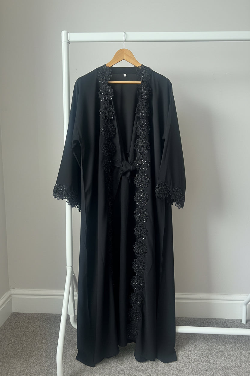 Floral Beaded Lace Edged Abaya Sets