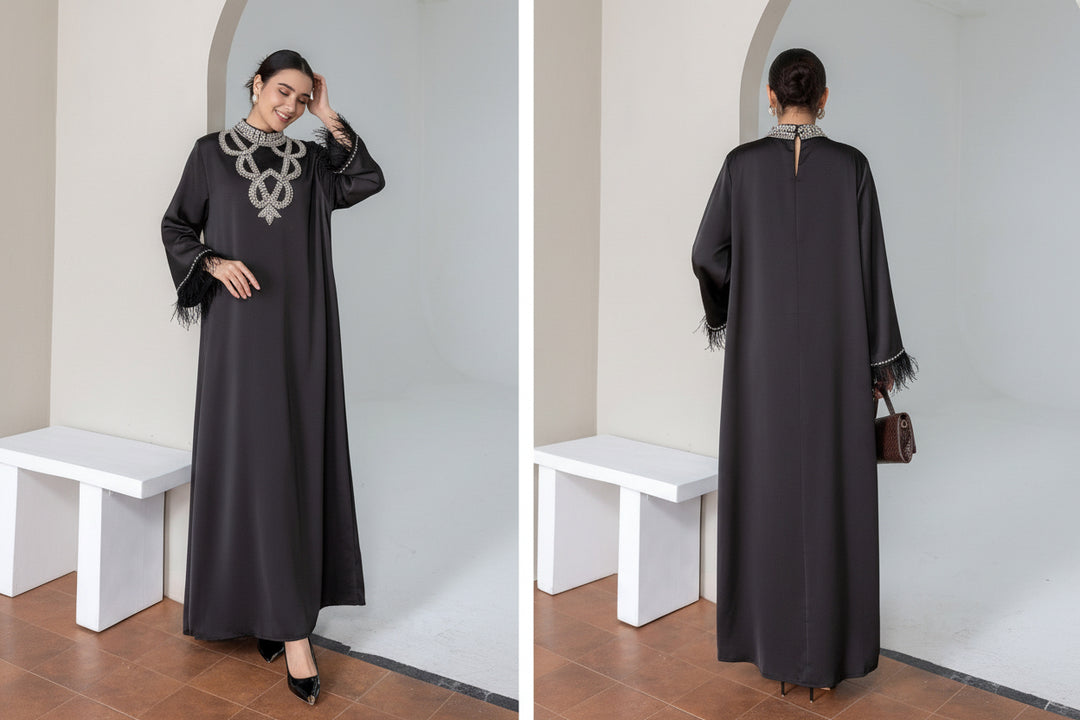 Occasion Feather Crystal Modest Dress  EDF8013